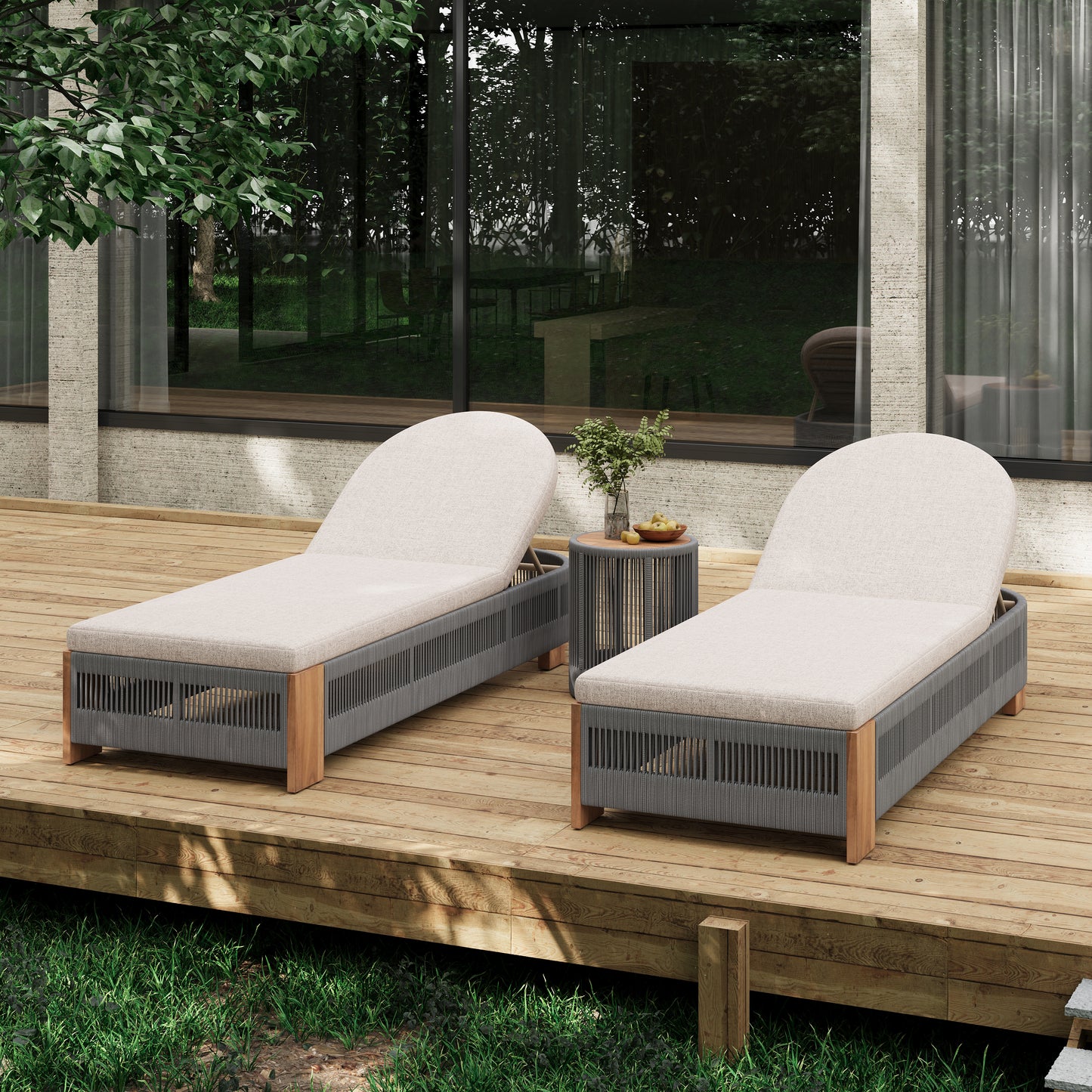 Outdoor Rope Chaise Lounge  Set, Patio Lounge Chairs, Outside Poolside Lounge Furniture, Teak look wood Side Table and Beige Cushions, Chaise Lounge with Adjustable Backrest( Grey rope)