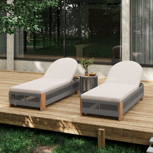 Outdoor Rope Chaise Lounge  Set, Patio Lounge Chairs, Outside Poolside Lounge Furniture, Teak look wood Side Table and Beige Cushions, Chaise Lounge with Adjustable Backrest( Grey rope)
