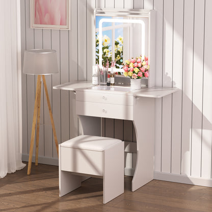 Vanity Set for Small Bedrooms - Small Space Makeup Vanity with Stool, Compartmentalized Drawers & 20cm Foldable Side Tables (Left and Right)