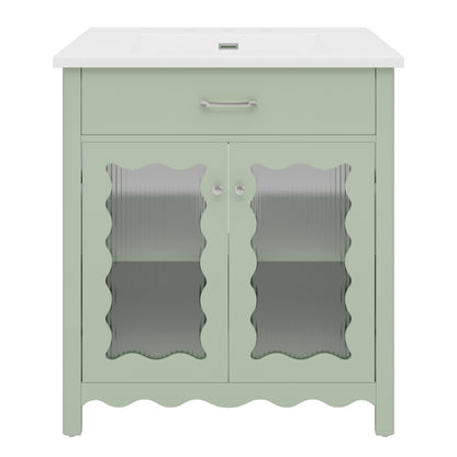 Modern Green Bathroom Vanity with Tempered Glass Doors, Rubber Wood Legs, Soft-Close Hinges, 31'