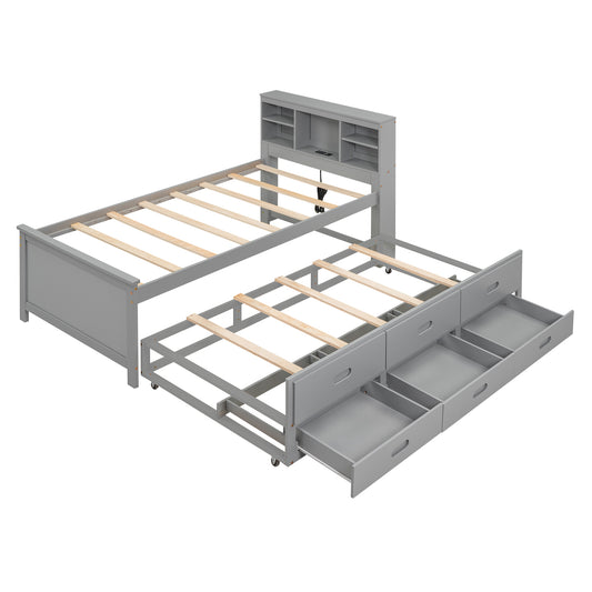 Gray Twin Size Platform Bed with Storage Headboard, USB, Trundle, and 3 Drawers - Solid Wood+MDF