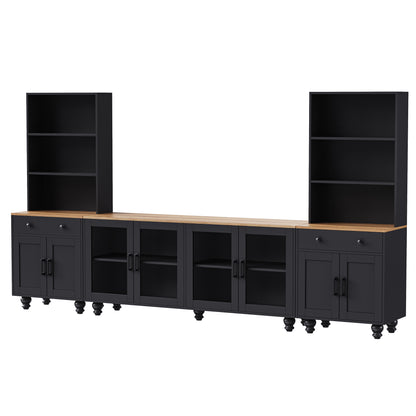 Farmhouse TV Stand with Solid Wood Gourd-Shaped Legs for TVs Up to 70', Entertainment Center with Bookshelves & Tempered Glass Doors, Media Console with Adjustable Shelves, Living Room, Black