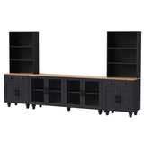 Farmhouse TV Stand with Solid Wood Gourd-Shaped Legs for TVs Up to 70', Entertainment Center with Bookshelves & Tempered Glass Doors, Media Console with Adjustable Shelves, Living Room, Black