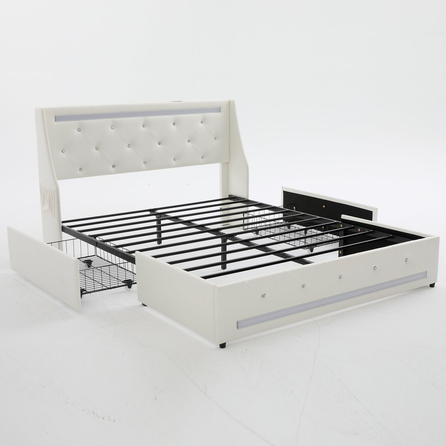 White Wingback Upholstered Diamond Headboard Full Bed Frame with LED Lights, Charging Station & 2 Storage Drawers, Metal Slats Support, Noise-Free Assembly
