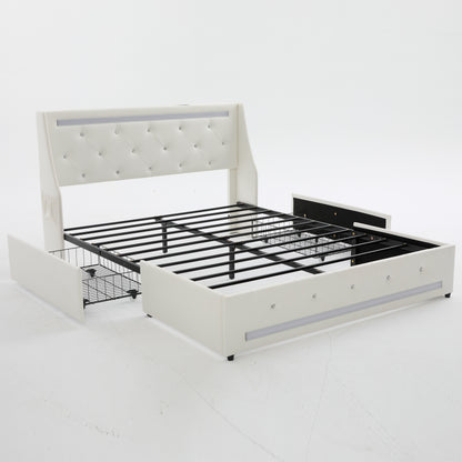 White Wingback Upholstered Diamond Headboard Full Bed Frame with LED Lights, Charging Station & 2 Storage Drawers, Metal Slats Support, Noise-Free Assembly