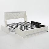 White Wingback Upholstered Diamond Headboard Full Bed Frame with LED Lights, Charging Station & 2 Storage Drawers, Metal Slats Support, Noise-Free Assembly
