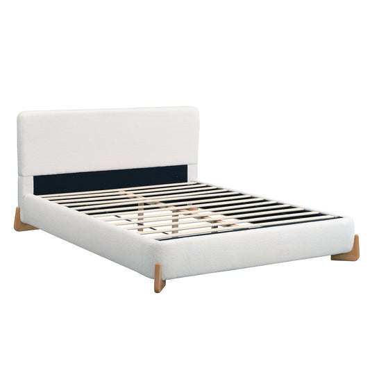 Elegant Boucle Upholstered Bed, Queen Size, White, Soft Luxurious Fabric with Solid Wood Feet