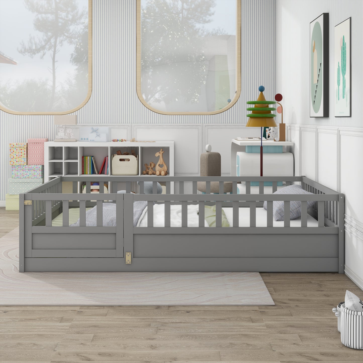 Full size  Floor bed, integral construction with super high security barrier, door, children's floor bed frame, Montessori wooden children's floor bed,  Grey(Patented model)