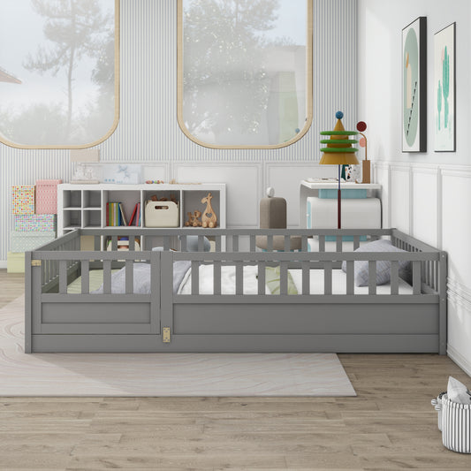 Full size  Floor bed, integral construction with super high security barrier, door, children's floor bed frame, Montessori wooden children's floor bed,  Grey(Patented model)
