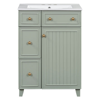 Transitional Style 24-Inch Bathroom Vanity Cabinet with Ceramic Sink, Green Solid Wood and MDF