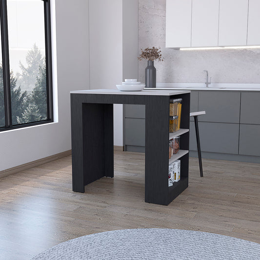 Kitchen Island Doyle, Three Side Shelves, Black / Ibiza Marble Color Finish