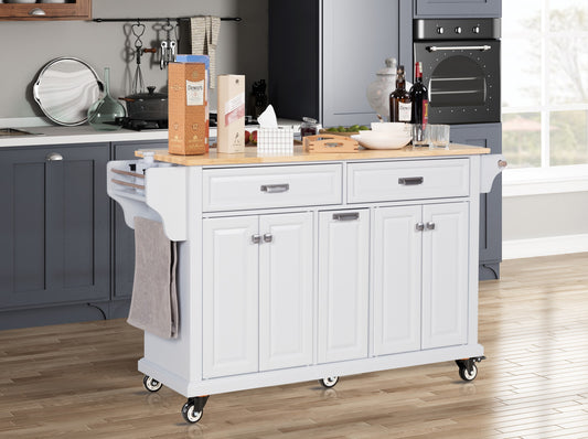 Kitchen Island with Rubber wood Countertop, Kitchen Cart on 5 Wheels with Storage Cabinet and 2 Top Drawers and A center double layered storage drawer for Dinning Room, White
