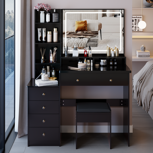 41' Large Sized Bedside Cabinet Vanity Table + Cushioned Stool, Extra Large Touch Control LED Mirror, 3-color Switch, Multi Layer High Capacity Storage Fashionable Dresser, EPA, GCC, UL Certificate
