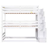 White Twin Size Triple Bunk Bed with Storage Staircase, Separate Design, Solid Pine and MDF Construction