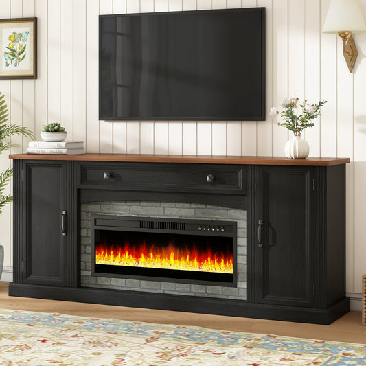 ON-TREND Heating Electric Fireplace TV Stand with Mantel for TVs Up to 70', Farmhouse Console Cabinet with Cable Management, Walnut TV Cabinet with Drawer and Adjustable Shelves for Living Room, Black