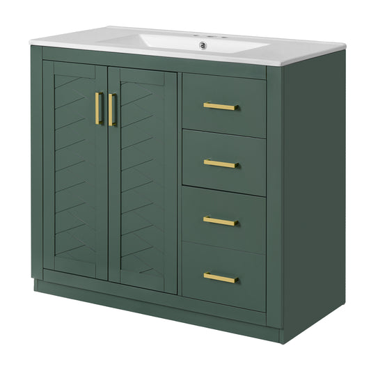 36'' Green Bathroom Vanity with Ceramic Sink, Solid Wood Frame Storage Cabinet, Freestanding Set with 3 Drawers & Soft-Closing Doors