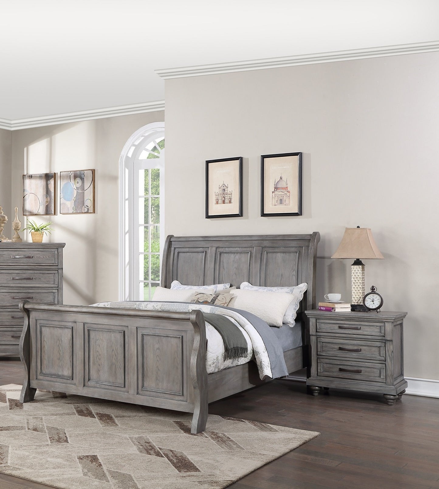 Antique Gray Oak Finish Sleigh Design Headboard FB 3pc Set California King Size 2x Nightstands Bedroom Furniture