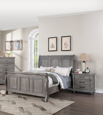 Antique Gray Oak Finish Sleigh Design Headboard FB 3pc Set California King Size 2x Nightstands Bedroom Furniture