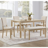 6 Piece Dining Table Set with Bench, Wooden Rectangular Kitchen Table Set with Bench and 4 Upholstered Chairs for Living Room, Kitchen, Dining Room, Light Oak & Beige