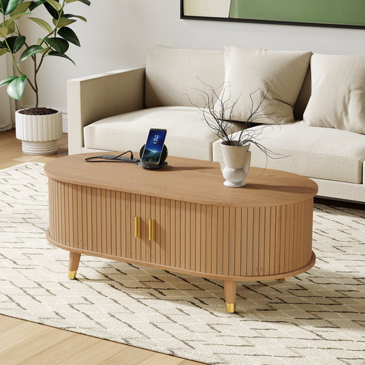 [Assembly Video] 42.5'W Wooden Oval Fluted Coffee Table with Charging Station, Mid-Century Center Table with Sliding Tambour Door,Farmhouse Cocktail Table for Living Room, Natural/Teak