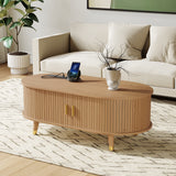 [Assembly Video] 42.5'W Wooden Oval Fluted Coffee Table with Charging Station, Mid-Century Center Table with Sliding Tambour Door,Farmhouse Cocktail Table for Living Room, Natural/Teak