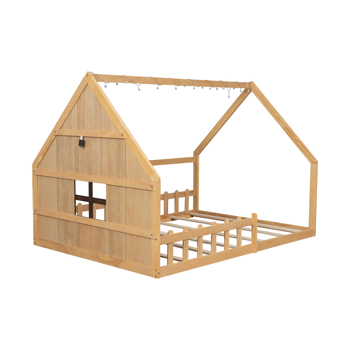 Full Size Wood House Bed with Window and Fence in Natural Finish, Solid Pine Wood+MDF, 77.1''L x 56.8''W x 53.9''H