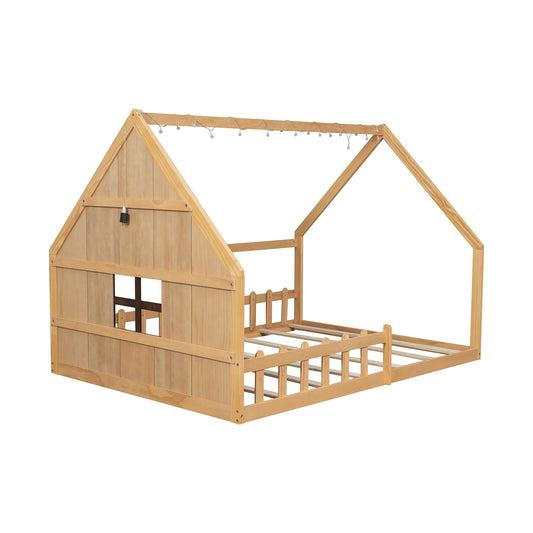 Full Size Wood House Bed with Window and Fence in Natural Finish, Solid Pine Wood+MDF, 77.1''L x 56.8''W x 53.9''H