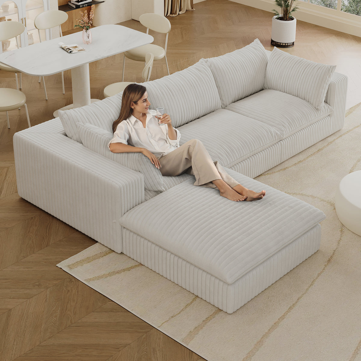 118.2' Cloud Sofa,Corduroy Fabric,Deep Seat Couches,Double-layer design,Removable Cushion,No Assembly, DIY Combination for Living room, Bedroom,Conference room ,Apartment,White