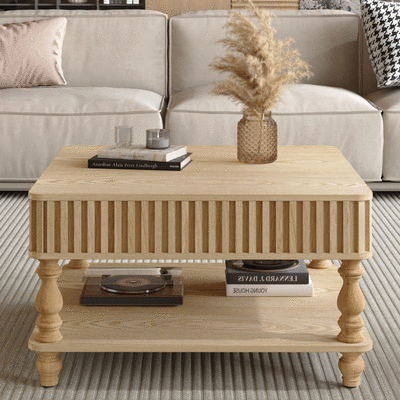 31.5 Inch Square Fluted Lift-Top Coffee Table with Hidden & Open Storage, Hydraulic Raising Mechanism, Retro Solid Wood Legs for Living Room, Sofa (Natural Wood)