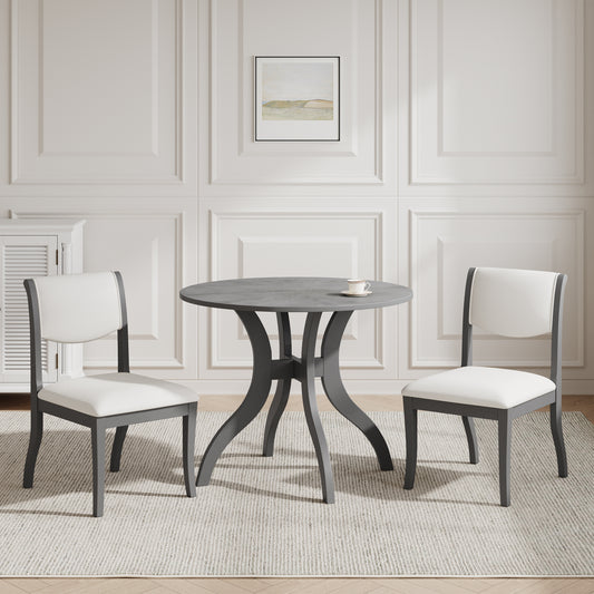 Oak Gray Dining Table Set:39.4' Round Table + 2 Chairs - Traditional Solid Wood Kitchen Set with Inlaid Tabletop, Elegant Curved Legs for Dining Room