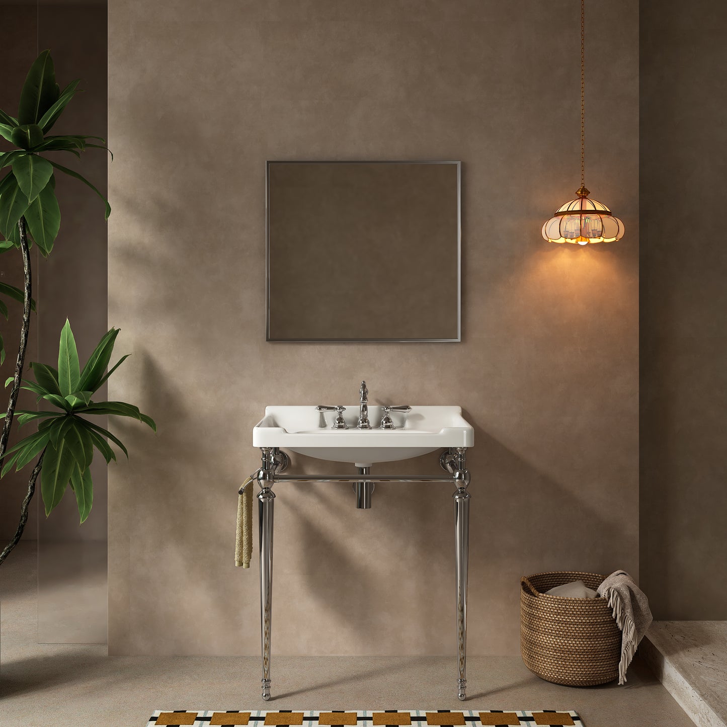 VICI 28' Bathroom Console Sink, Wall-Mounted White Ceramic Vanity Basin with 3 Pre-drilled Faucet Holes, Freestanding Stainless Steel Support Legs with Towel Bar, No Faucet & Sink Cover, Chrome Color
