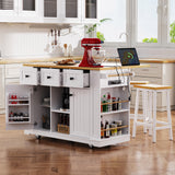 K&K 53inch Large Kitchen Island with 2 Bar Stools, Power Outlet,Door Internal Storage Rack, Kitchen Storage Cart on 5 Wheels with Drop Leaf, 5 Open Side Racks, 3 Drawers,White(Three Packages)