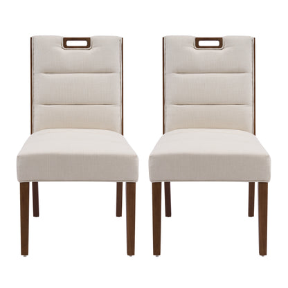 Upholstered Armless Dining Chairs, Beige Fabric & Walnut Rubber Wood Frame, Set of 2