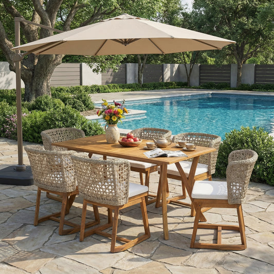 Outdoor 7-Piece Dining Set – 59' Rectangular Solid Wood Table (Teak Finish) + 6 Acacia Chairs with Beige Cushion & Multi-Light Brown Wicker Back, Weather Resistant for Garden, Backyard, Patio
