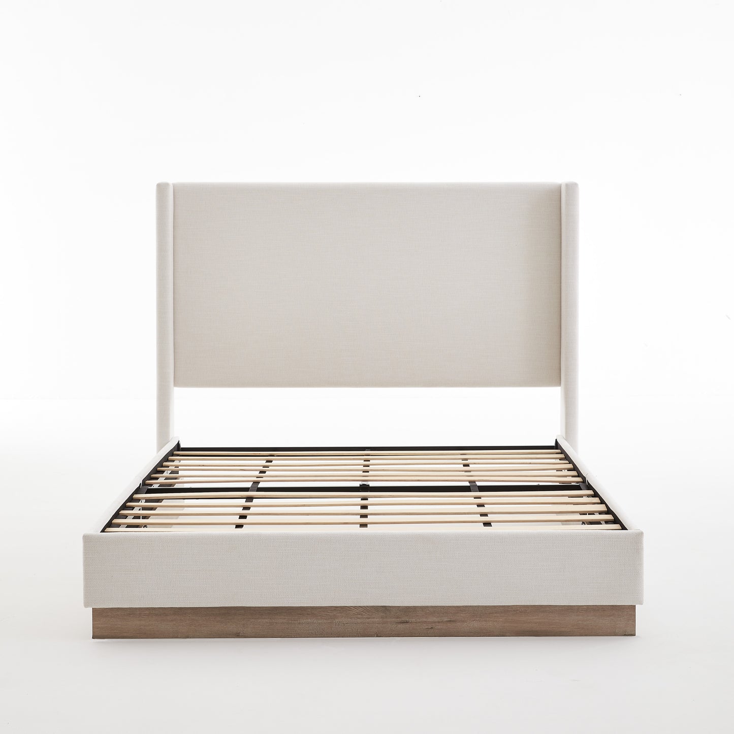 Hosford Minimalist Upholstered Wingback Bed with Wood Base Platform - Textured Ivory Canvas, Light Grey Camel Oak, 52.5' High Headboard, Full Size