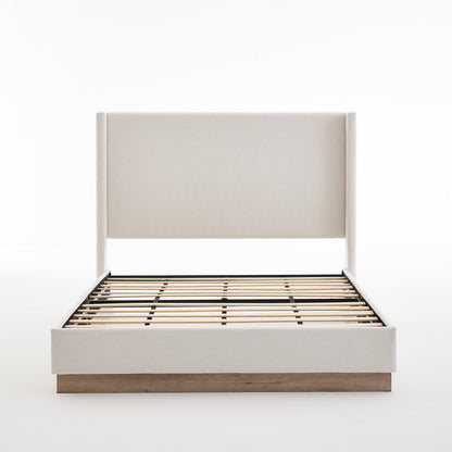 Hosford Minimalist Upholstered Wingback Bed with Wood Base Platform - Textured Ivory Canvas, Light Grey Camel Oak, 52.5' High Headboard, Full Size