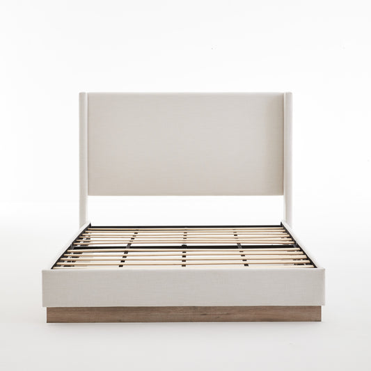 Hosford Minimalist Upholstered Wingback Bed with Wood Base Platform - Textured Ivory Canvas, Light Grey Camel Oak, 52.5' High Headboard, Full Size