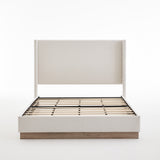 Hosford Minimalist Upholstered Wingback Bed with Wood Base Platform - Textured Ivory Canvas, Light Grey Camel Oak, 52.5' High Headboard, Full Size