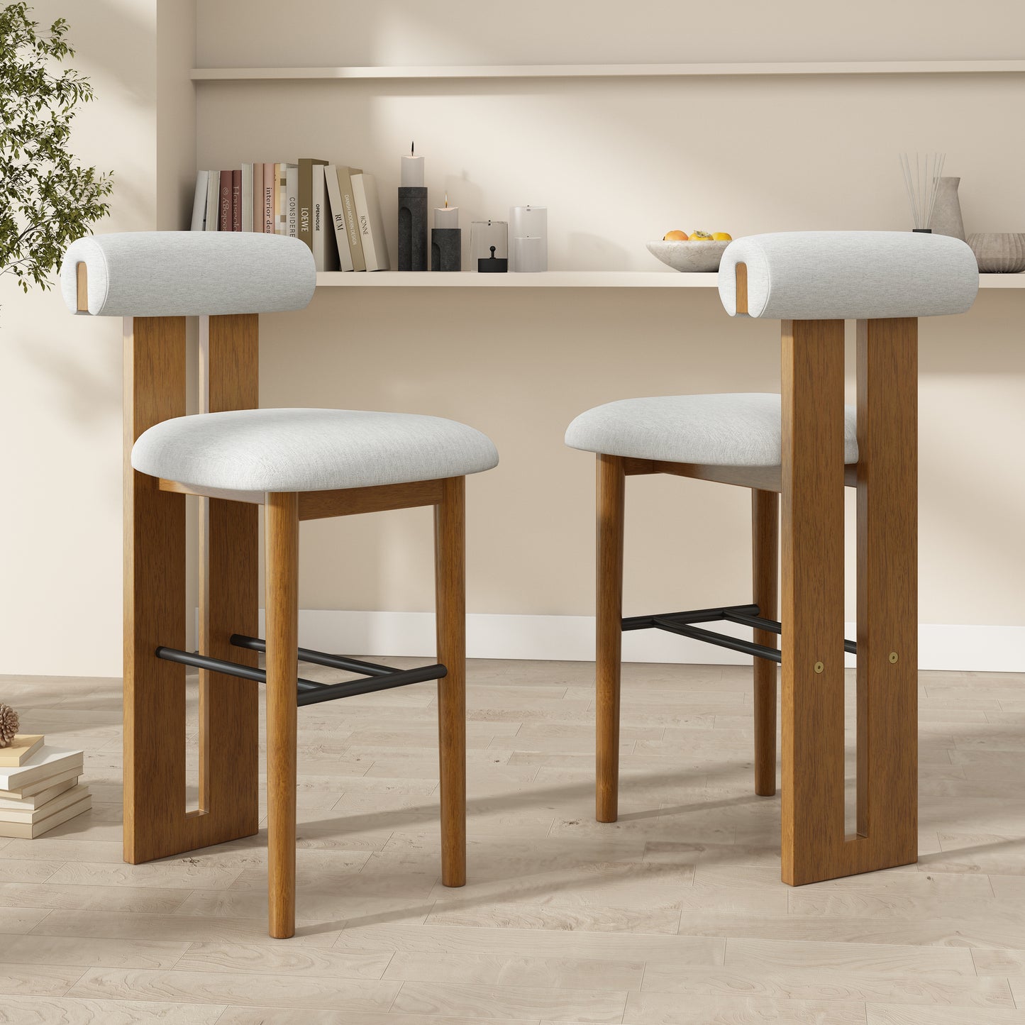 Renee Indoor Wooden Upholstered Barstool, Walnut Finished and Ivory Upholstery, Set of 2