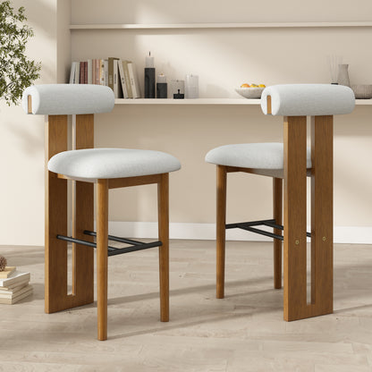 Renee Indoor Wooden Upholstered Barstool, Walnut Finished and Ivory Upholstery, Set of 2