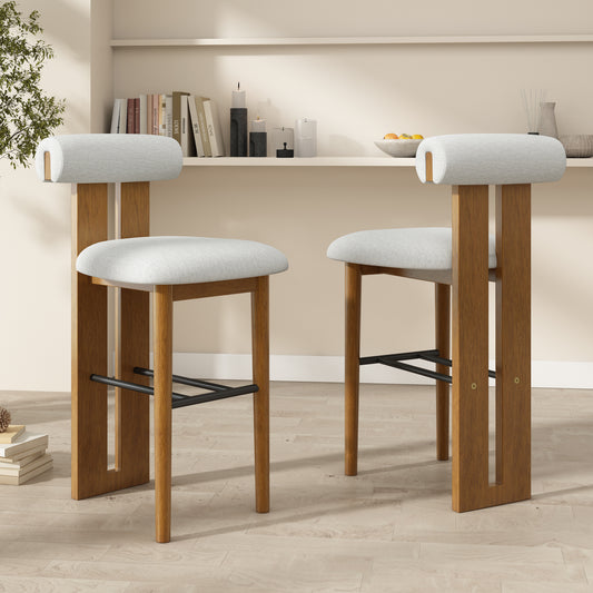 Renee Indoor Wooden Upholstered Barstool, Walnut Finished and Ivory Upholstery, Set of 2
