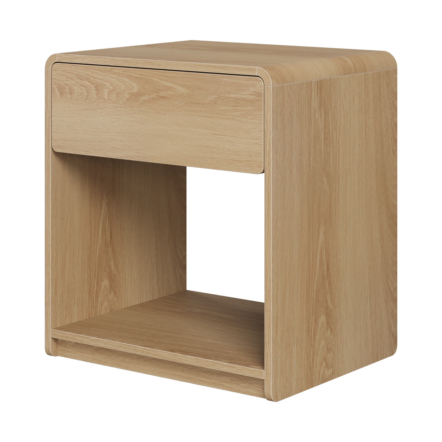 Mid-century modern bedside table set, 2 pieces, oak color, with storage drawers and open shelves, compact side table with rounded corners, made of particle board