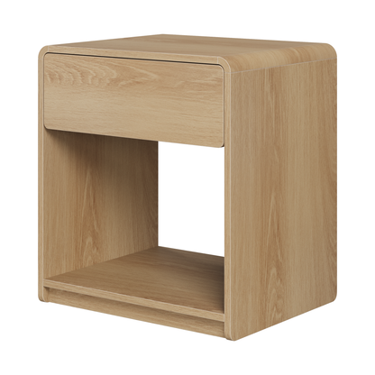 Mid-century modern bedside table set, 2 pieces, oak color, with storage drawers and open shelves, compact side table with rounded corners, made of particle board