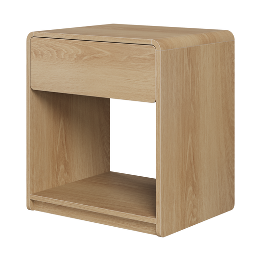 Mid-century modern bedside table set, 2 pieces, oak color, with storage drawers and open shelves, compact side table with rounded corners, made of particle board