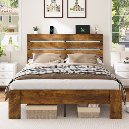King Bed Frame with Headboard and Footboard, with Under Bed Storage, LED Lights, Charging Station,1200lbs CapacityAll-Metal Support System, No Box Spring Needed, Easy Assembly,Rustic Brown