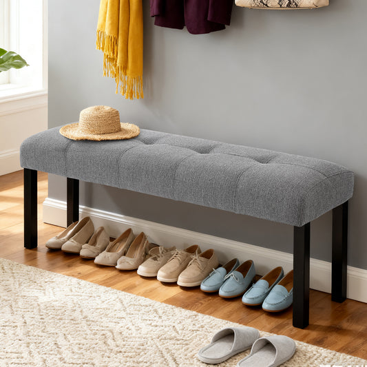 Modern Tufted Linen Dining Bench, Farmhouse Upholstered Entryway Bench with Black Rubber Wood Legs, Versatile for Kitchen, Bedroom, Hallway, Gray