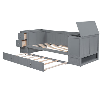 Gray Twin Size Daybed with Storage Arms, Trundle, Charging Station, Solid Wood+MDF