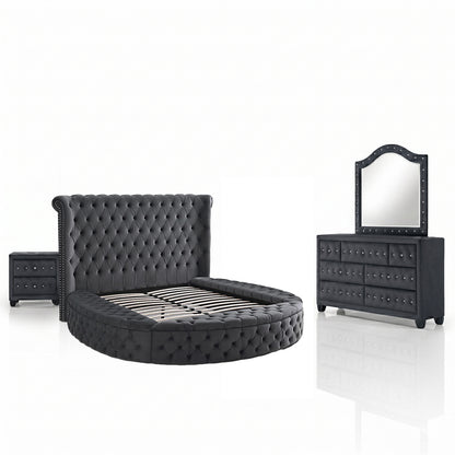 HAZEL Modern Queen 4-Piece Bedroom Set in Gray Velvet Finish with Storage Bed, Dresser, Mirror and Nightstand, Luxury Bedroom Furniture Set with Bluetooth Speakers
