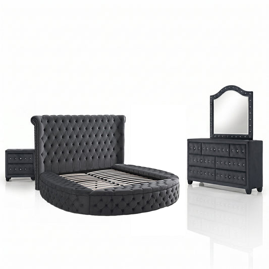HAZEL Modern Queen 4-Piece Bedroom Set in Gray Velvet Finish with Storage Bed, Dresser, Mirror and Nightstand, Luxury Bedroom Furniture Set with Bluetooth Speakers