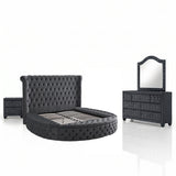 HAZEL Modern Queen 4-Piece Bedroom Set in Gray Velvet Finish with Storage Bed, Dresser, Mirror and Nightstand, Luxury Bedroom Furniture Set with Bluetooth Speakers